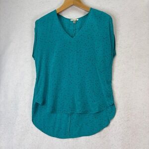COPE Teal Abstract Print Silk V-Neck‎ High-Low Blouse Women M Boho Chic Retro